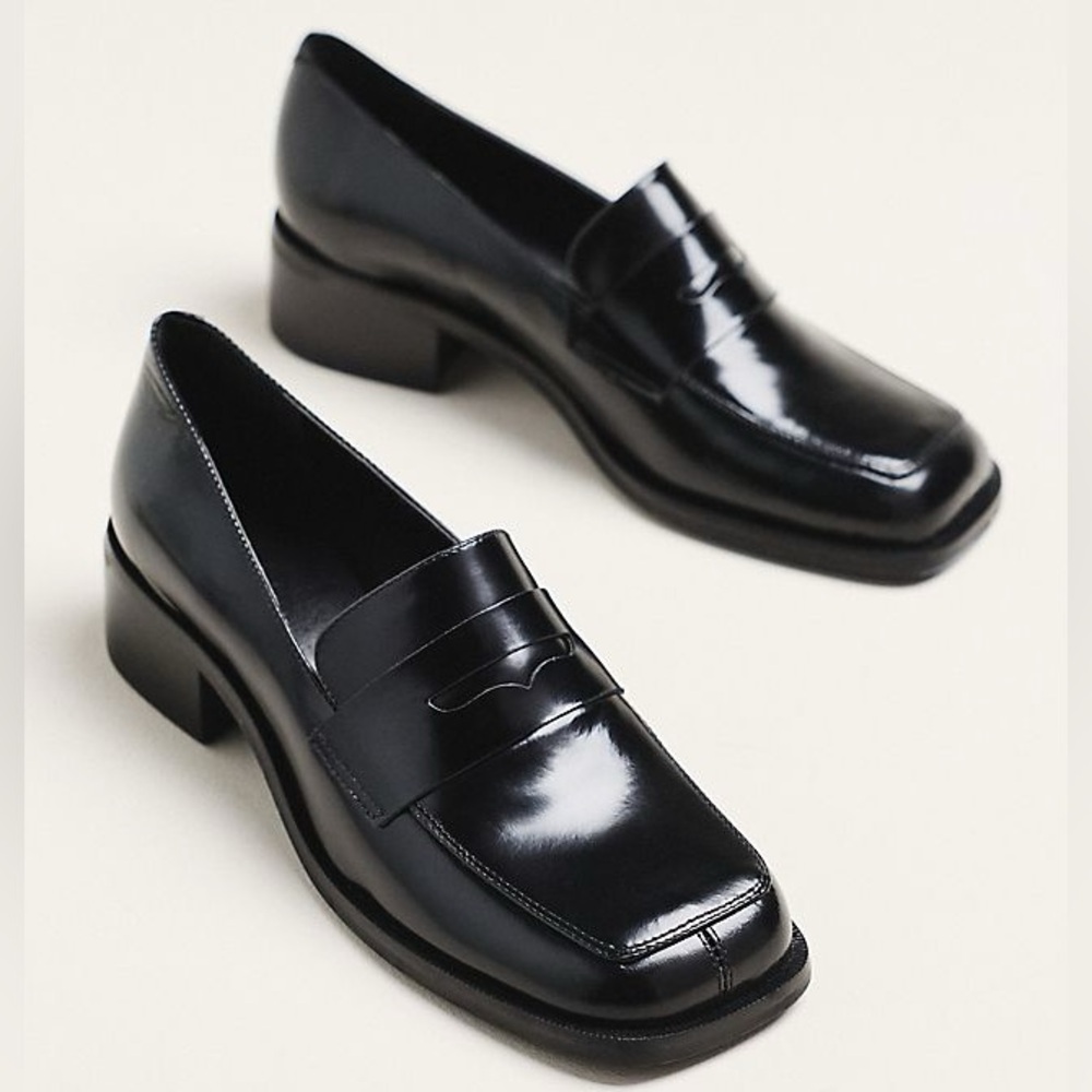 Anthropologie Maeve Square Toe Leather Black Penny Loafers Heels Shoes Size 40